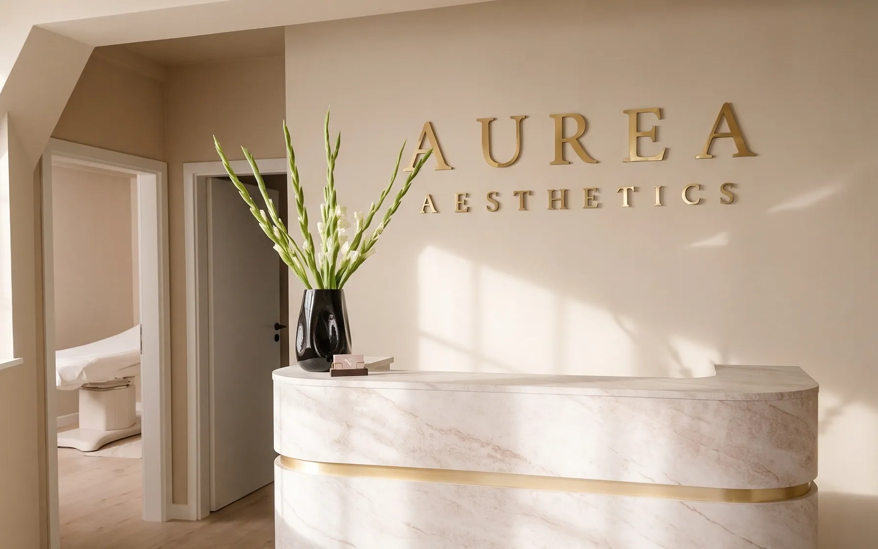 Empfang von Aurea Aesthetics in der Hamburger Innenstadt mit Marmortresen und goldenem Schriftzug
