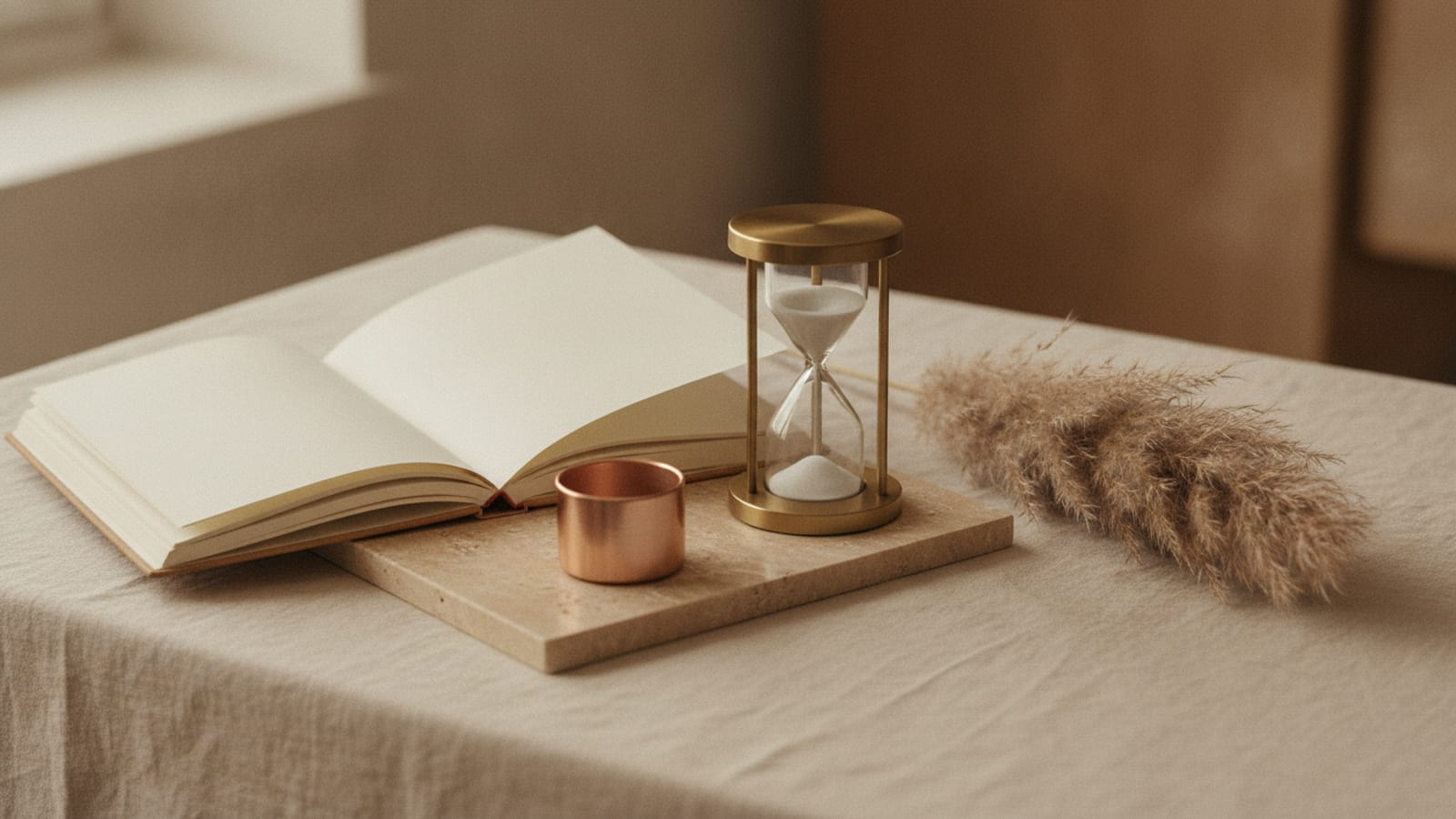 Kleine Messing-Sanduhr mit hellem Sand, Pampasgras und ein aufgeschlagenes leeres Notizbuch auf Leinen