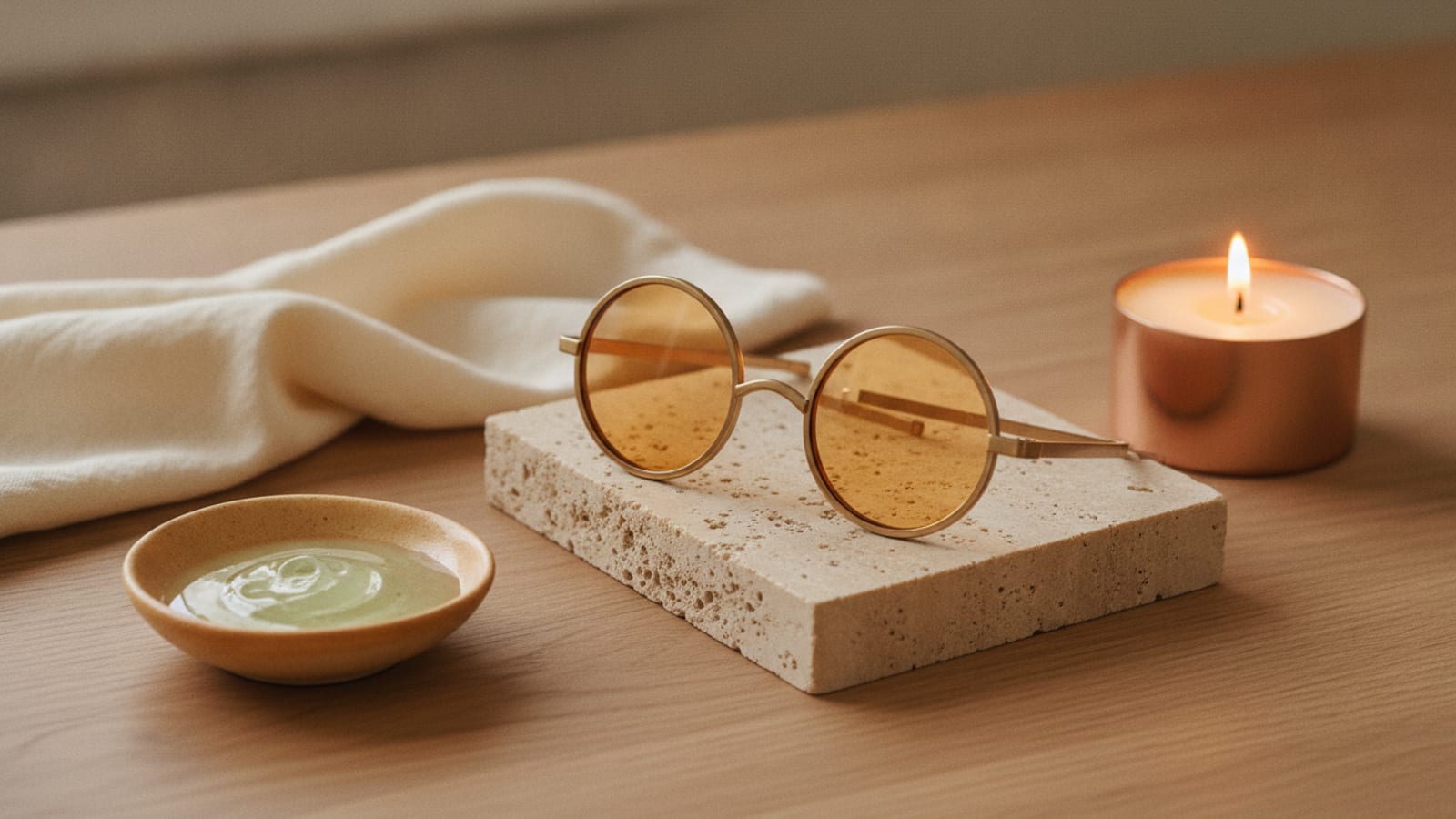 Bernsteinfarbene Laser-Schutzbrille, Keramikschale mit Aloe-Gel und Leinentuch auf warmem Holz