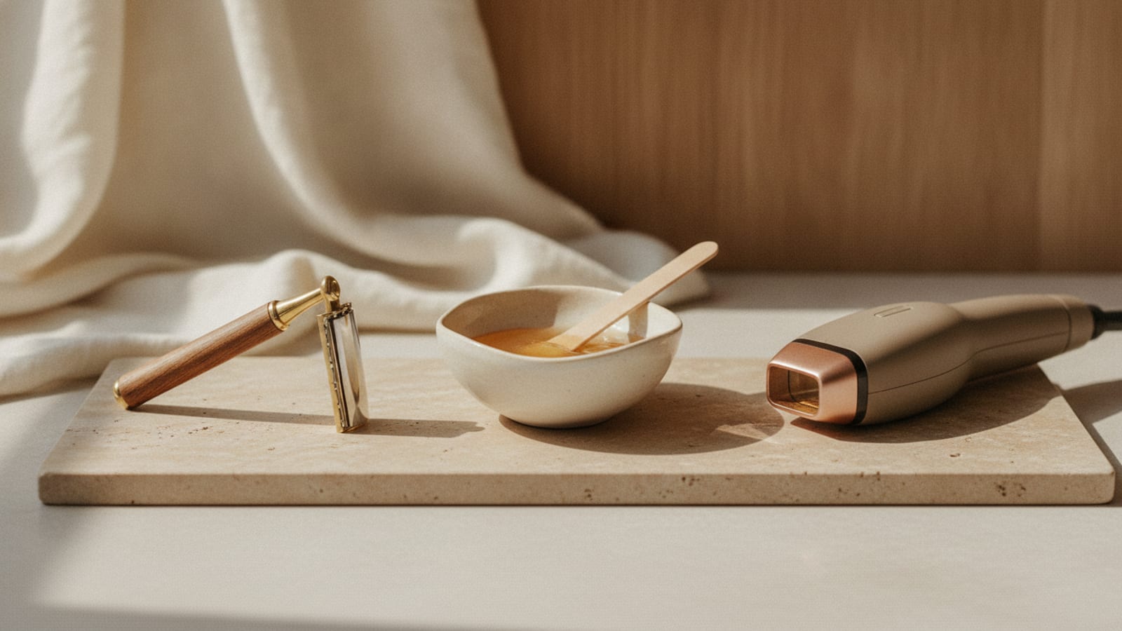 Rasierhobel mit Messinggriff, Keramikschale mit goldener Zuckerpaste und ein Laser-Handstück in einer Reihe auf Travertin